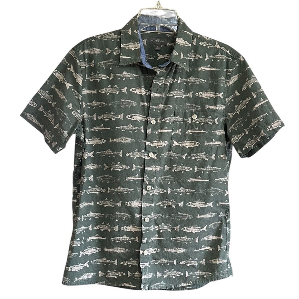 LL Bean Signature Mens Slim Fit Short Sleeve‎ Fish Print Cotton Shirt Green M